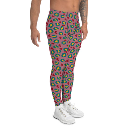 All-over printed men's leggings with a raspberry pink and teal leopard skin design by BillingtonPix