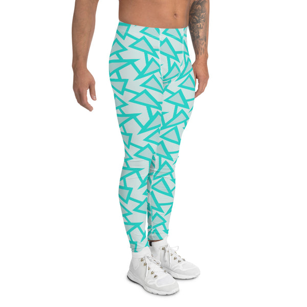 80s Memphis style men's leggings, meggings, festival leggings and running tights in a retro style geometric all-over pattern in tones of mint, turquoise and pale grey by BillingtonPix