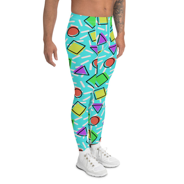 Patterned men's sports leggings and festival fashion meggings in a vibrant 80s Memphis design all-over pattern with geometric shapes and colourful 1980s tones by BillingtonPix
