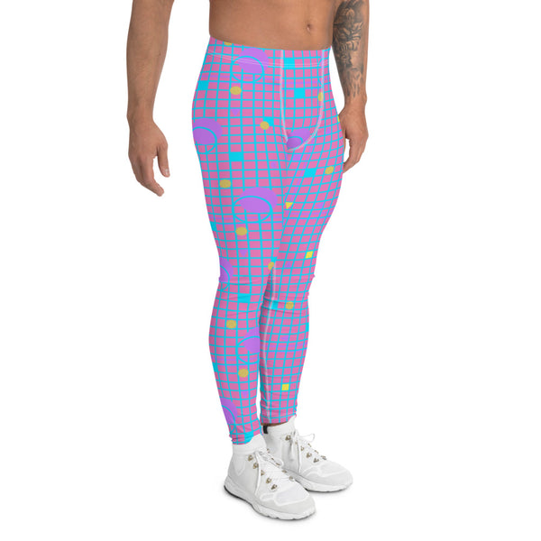 Geometric patterned men's leggings in mauve, pink, blue and yellow, consisting of a grid background in mauve and pink and 80s Memphis design on these festival meggings by BillingtonPix