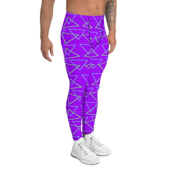 Synthwave blue and green neonwave vaporwave style triangles against a vivid purple background on our men's running tights, leggings for men or meggings by BillingtonPix