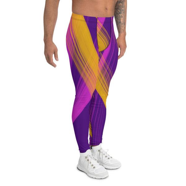 Swirling paint stripes in pink and amber against a purple background in a Vaporwave and 80s Memphis design style on these men's leggings or meggings by BillingtonPix