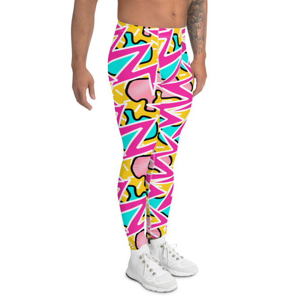 Geometric and abstract pattern in tones of pink, blue and orange on these meggings, compression leggings for men and funky men's running tights by BillingtonPix