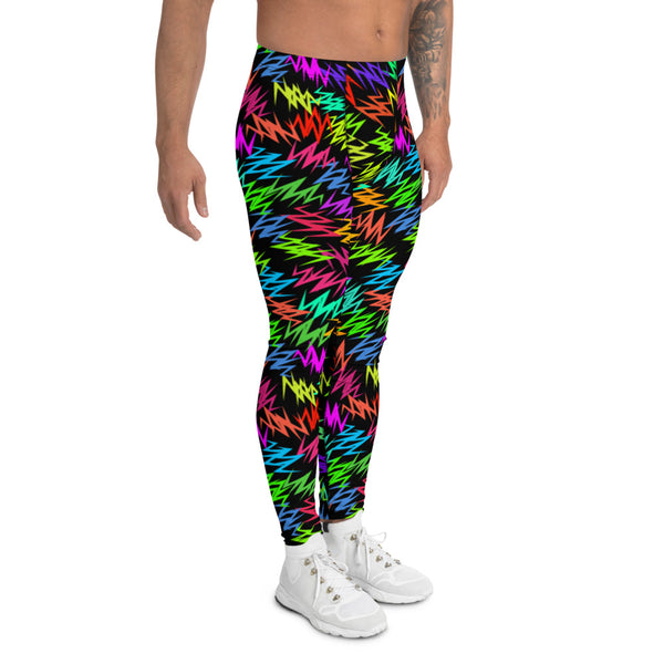 Rainbow coloured jagged shapes against a black background in an 80s Memphis design on these men's compression leggings by BillingtonPix