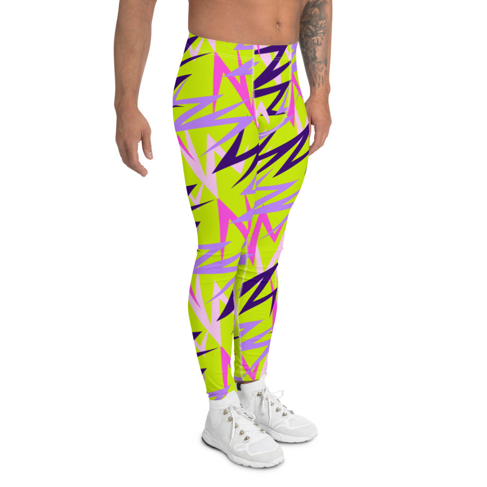 80s Memphis style men's leggings or funky running tights for men by BillingtonPix with tones of pink, black and mauve against a mustard yellow background 