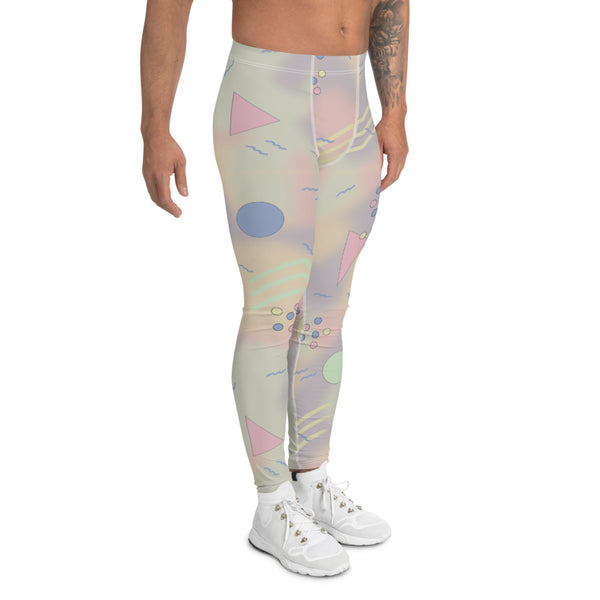 90s Y2K athleisure fashion style meggings or men's leggings with 80s Memphis design geometric shapes including circles, triangles and squiggles against a pastel abstract background on these funky men's running tights by BillingtonPix