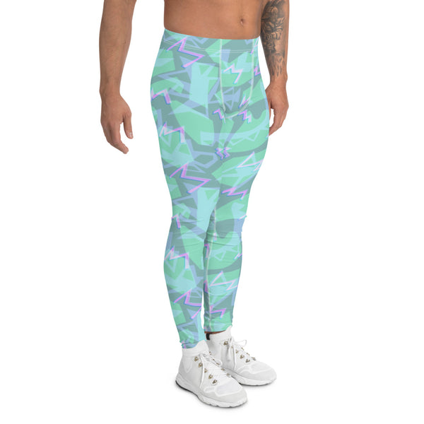 90s Memphis Vaporwave style meggings in blue, green, turquoise and pink on these retro style patterned men's leggings and compression tights for men by BillingtonPix
