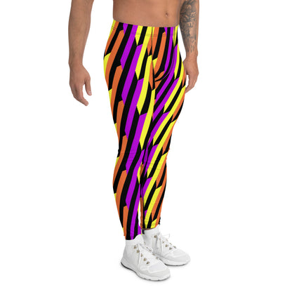 Patterned men's leggings in retro style stripes of purple, orange and yellow against a black background in these 80s Memphis inspired meggings or men's running tights by BillingtonPix