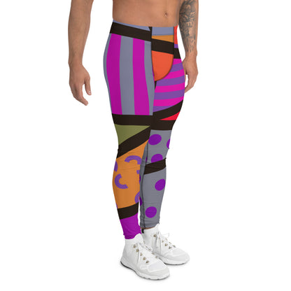 Purple toned men's leggings or meggings with a colourful geometric pattern and black overlay in an 80s retro style by BillingtonPix