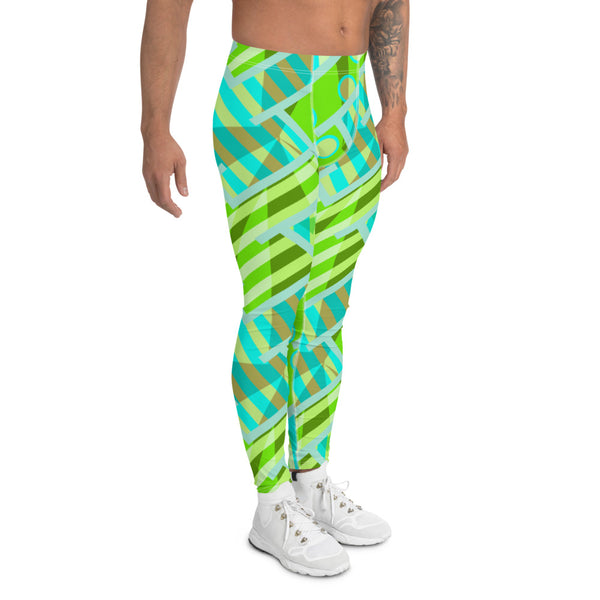 Zany and harajuku style patterned meggings or men's leggings in green and turquoise for gym, running tights, compression pants or as festival meggings by BillingtonPix