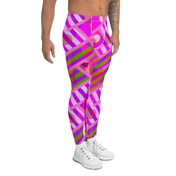 Pink and purple men's leggings in an 80s Memphis geometric patterned style. Harajuku fashion for men in stripes, circles and a zany kitsch contemporary design by BillingtonPix