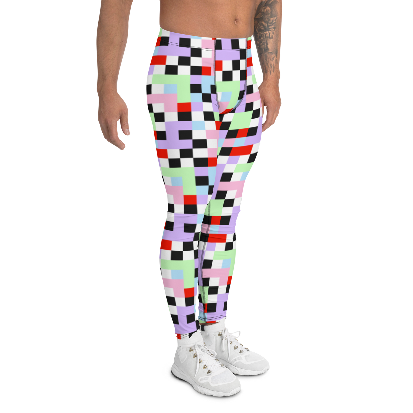 Gorgeous chequered pattern men's leggings in Pastel Goth color palette of purple, pink, blue, green, black and red. Great as rave meggings or festival pants, or equally as gym leggings for men or men's running tights. Design by BillingtonPix.