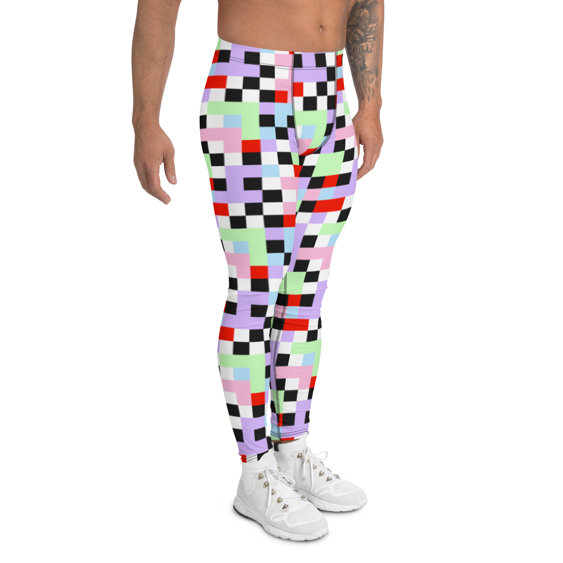 Gorgeous chequered pattern men's leggings in Pastel Goth color palette of purple, pink, blue, green, black and red. Great as rave meggings or festival pants, or equally as gym leggings for men or men's running tights. Design by BillingtonPix.