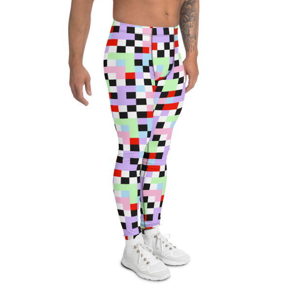 Gorgeous chequered pattern men's leggings in Pastel Goth color palette of purple, pink, blue, green, black and red. Great as rave meggings or festival pants, or equally as gym leggings for men or men's running tights. Design by BillingtonPix.