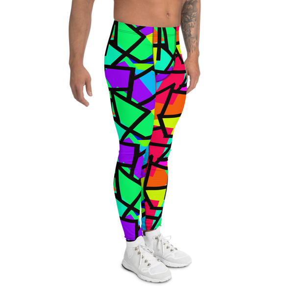 Vibrant colourful men's leggings in a kitsch 80s retro Memphis style with diagonal shapes in blue, red, orange, purple, turquoise, green and yellow and a black diagonal overlay on these meggings or mens running tights by BillingtonPix