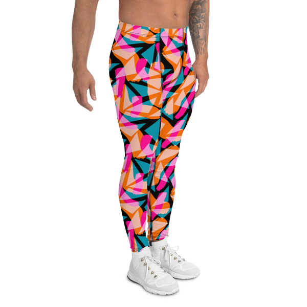 Geometric patterned Harajuku aesthetic  90s Memphis design men's gym leggings in colorful tones of pink, turquoise green and orange against a black background on this Harajuku design meggings, compression pants and funky running tights by BillingtonPix
