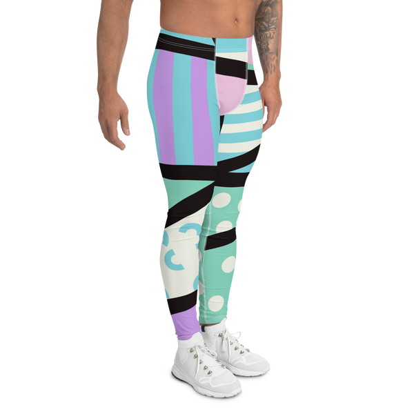 Pastel Kei Yami Kawaii Harajuku fashion meggings or gym leggings for men with pastel blue, pink, cream, purple and green with a black overlay on these gym leggings and festival pants by BillingtonPix