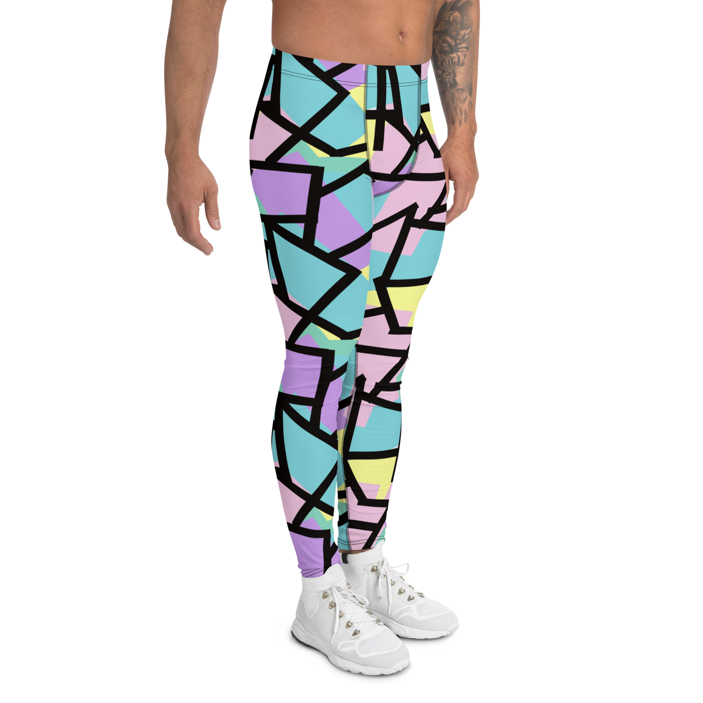 Harajuku Pastel Goth fashion leggings for men with tones of pink, blue, green, yellow and purple with a black geometric overlay on these festival meggings athleisure crazy gym leggings by BillingtonPix