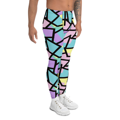 Harajuku Pastel Goth fashion leggings for men with tones of pink, blue, green, yellow and purple with a black geometric overlay on these festival meggings athleisure crazy gym leggings by BillingtonPix