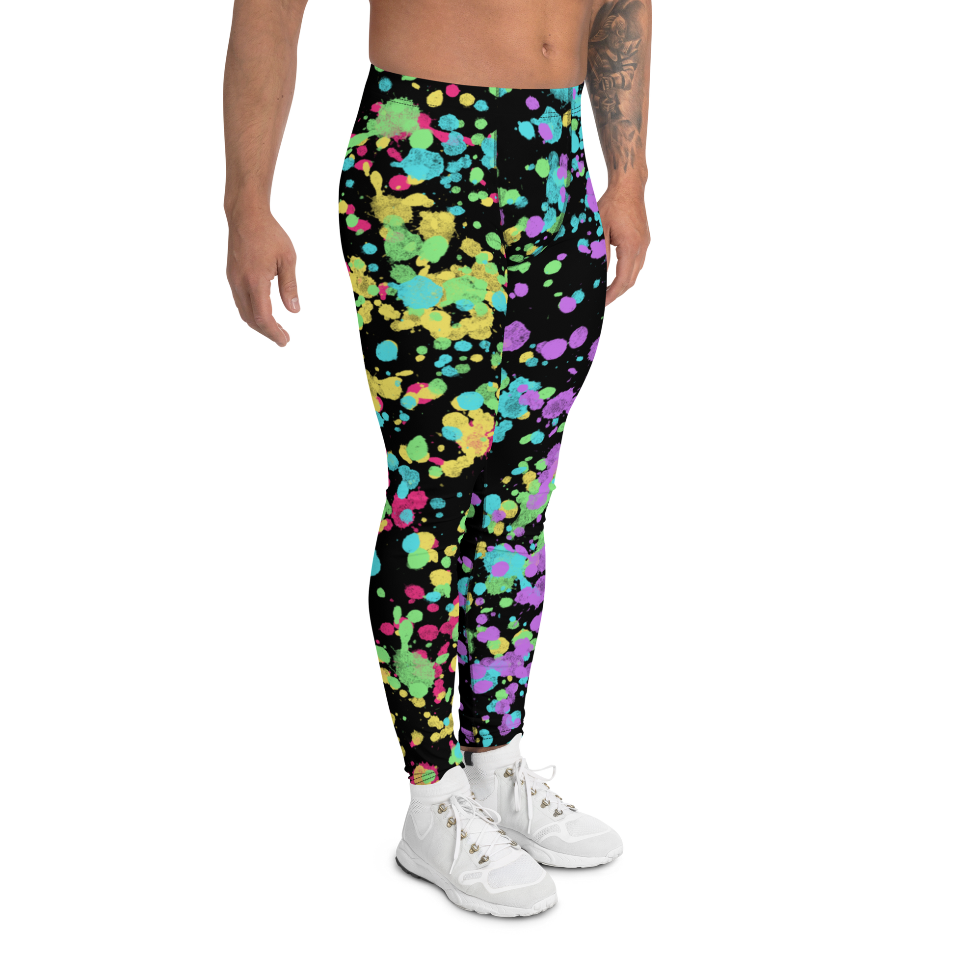 LGBT Gay Pride rainbow flag colourful festival meggings with splatters of yellow, red, green, blue and purple against a black background. Perfect for marches, park events, festivals, clubbing and disco dancing. Dress to impress at the gym or when worn as running tights for men.