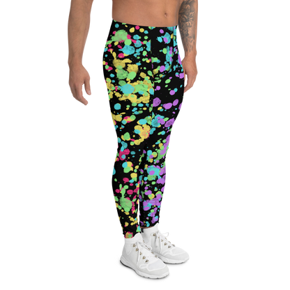 LGBT Gay Pride rainbow flag colourful festival meggings with splatters of yellow, red, green, blue and purple against a black background. Perfect for marches, park events, festivals, clubbing and disco dancing. Dress to impress at the gym or when worn as running tights for men.