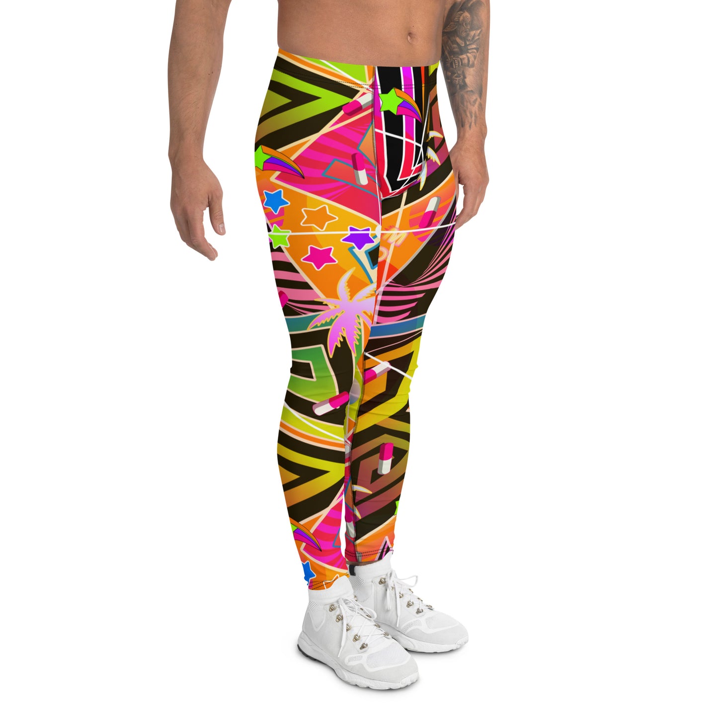 Vaporwave style meggings with Menhera kei vibes. Orange patterned gym leggings for men in a Synthwave and Retrowave graphic with a Christmas Las Vegas theme of neoncore palm trees, signage and stars. Beautiful running tights with geometric pattern and striking colorful design on these compression pants for men by BillingtonPix