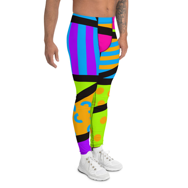 Geometric neoncore patterned leggings for men in a vibrant neon style of pink, blue, purple, yellow and orange with a black overlay on these unique mens compression pants meggings by BillingtonPix