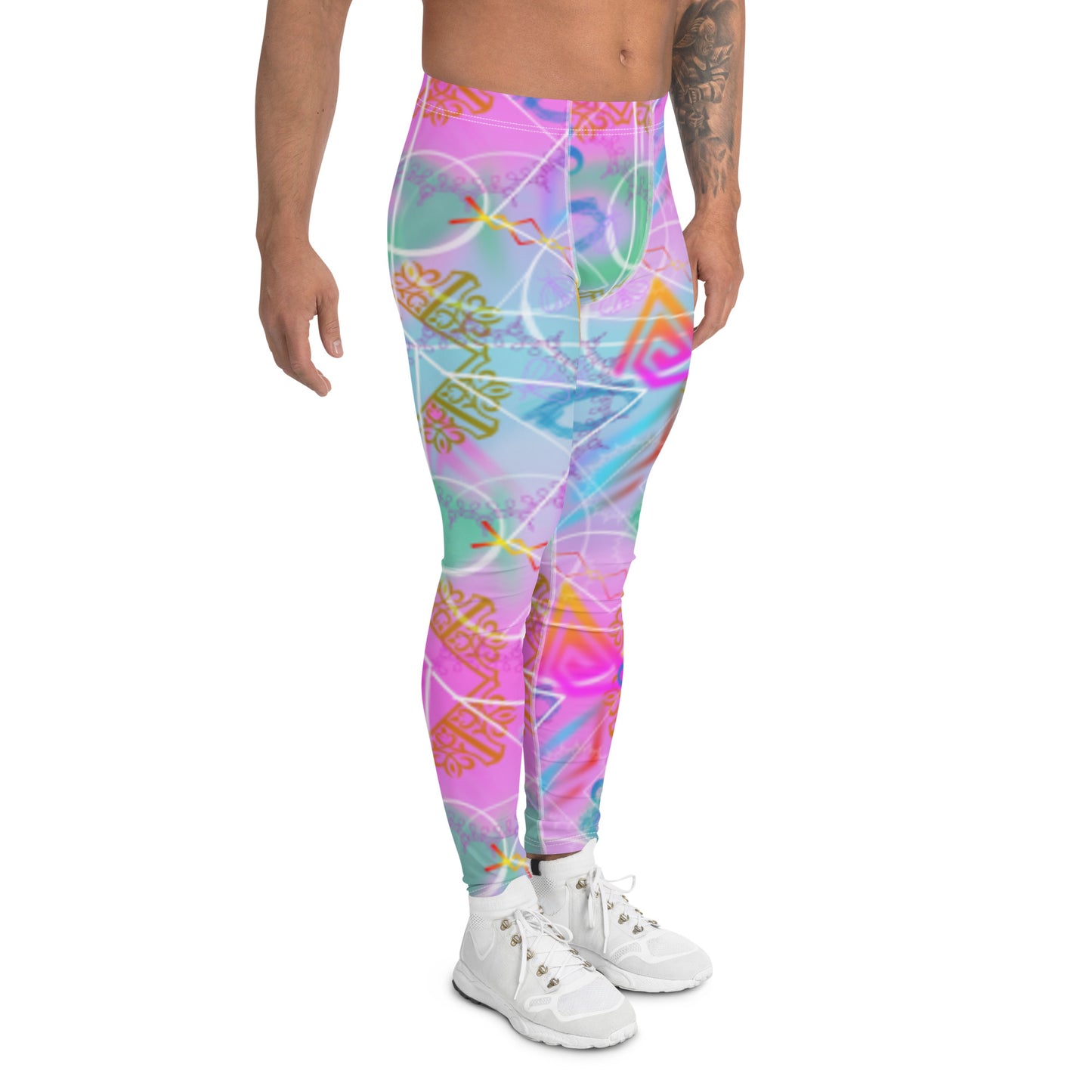 Vaporwave Mandala mens leggings in pink and blue with geometric shapes and patterns on these synthwave and retrowave style meggings or compression pants for men by BillingtonPix