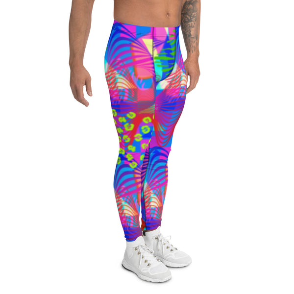 Blue patterned Synthwave mens leggings clubbing outfit with pink red and peach color tones with lime green leopard skin motifs and geometric swirls on these Vaporwave compression meggings for men by BillingtonPix