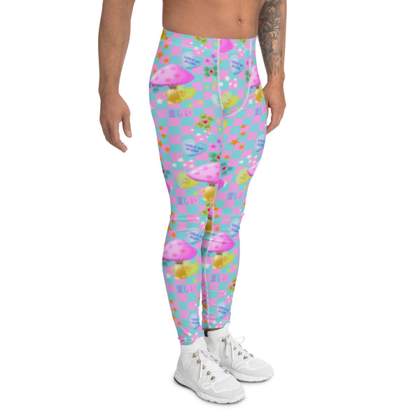 Fairy Kei Harajuku mens leggings with Menhera Kei pastel toned design in checked turquoise blue & pink pattern & Yume Kawaii & Cottagecore anime mushrooms, stars, sticking plasters, negative vibe mean love hearts & Japanese scripts for pain & emotion on these meggings by BillingtonPix