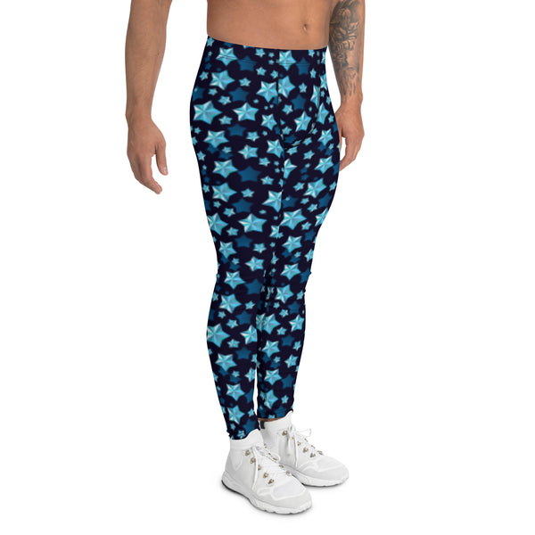 blue metallic stars patterned mens leggings in blue, turquoise and midnight blue on these mens running tights or meggings by BillingtonPix