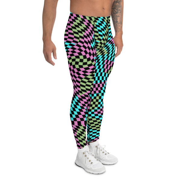 Retro 80s style wrestling leggings in a warped black check with pink, blue and green shapes on these clubbing and festival meggings by BillingtonPix