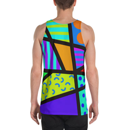 Vibrant retro 80s Memphis style tank top, for gym, running, pro-wrestling, BJJ, rave gear, festivals, streetwear with bold, bright geometric patterns and colours by BillingtonPix