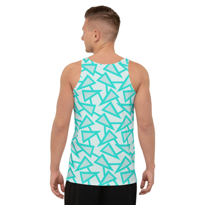 80s Memphis style geometric triangular pattern in turquoise, light grey and mint on this tank top vest by BillingtonPix