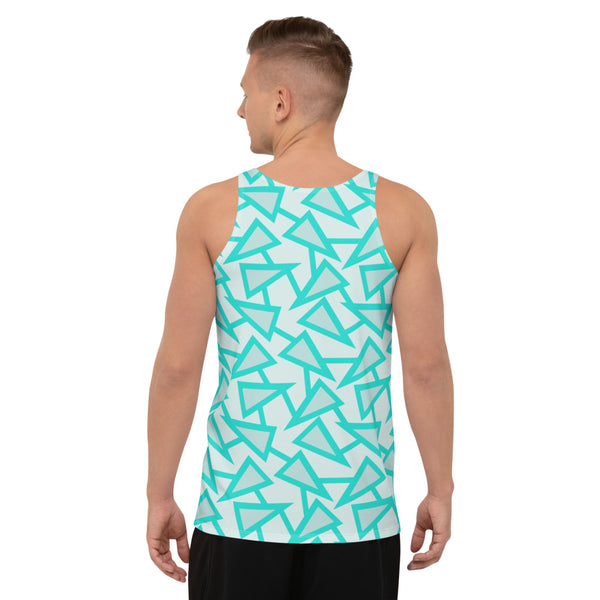 80s Memphis style geometric triangular pattern in turquoise, light grey and mint on this tank top vest by BillingtonPix