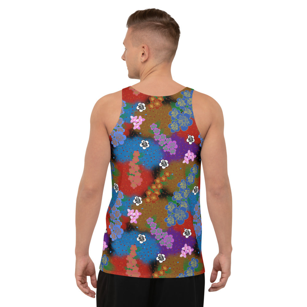 Colourful retro style floral aesthetic with a psychedelic kitsch vibe and grandmacore or cottagecore overtones on this vibrant tank top vest by BillingtonPix