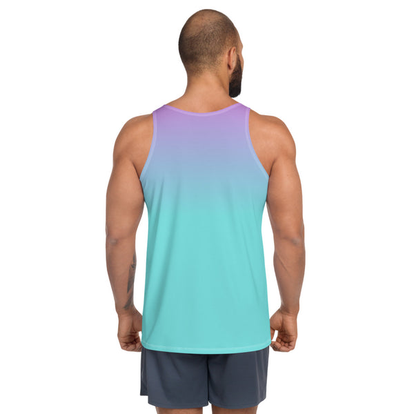Japanese vaporwave design tank top vest by BillingtonPix, containing gradient turquoise to pink background and geometric shapes and symbols on the front, including vintage sunset and monstera in 80s style graph paper design, grumpy cupcakes, checkboxes including Lo Fi, VHS, Betamax and Brexit options and the Japanese script このたわごとから私を取得します translated as Get me out of this shit. Makes the perfect Otaku fashion and gym clothing.