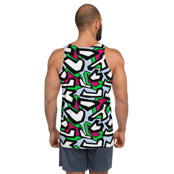 Funky patterned fashion vest or tank top in a geometric 80s Memphis design all-over pattern, in black, white, red and green against a pale blue background on this sports vest or tank top by BillingtonPix