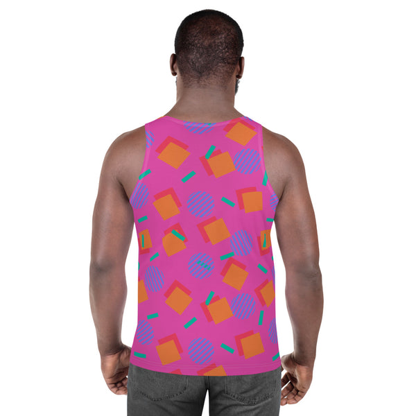 Pink, blue, turquoise and orange Harajuku tank top sportswear in an 80s Memphis design style on this unisex sports vest by BillingtonPix