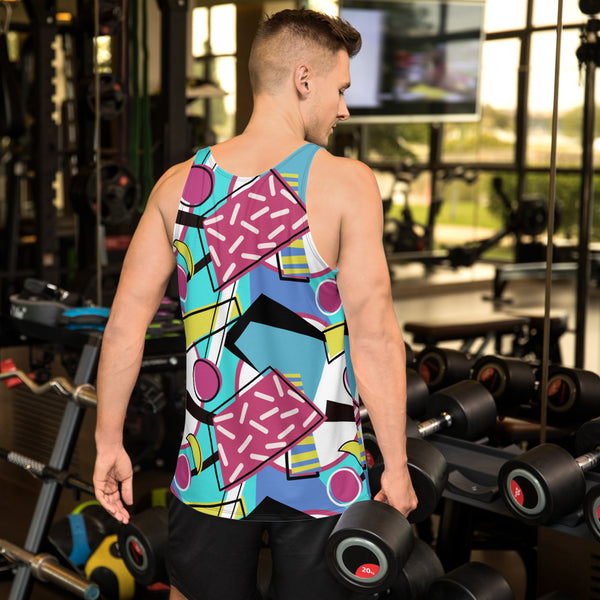 Patterned men's sports vest tank top in a vibrant 80s Memphis design all-over pattern with geometric shapes and colourful 1980s tones by BillingtonPix