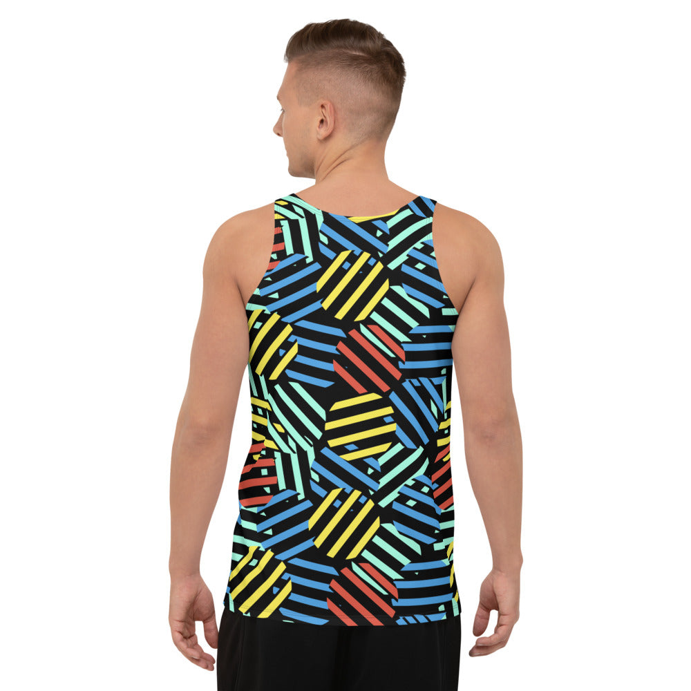 Retro style patterned men's sports vest athleisure clothing in tones of red, blue, yellow and green against a black background on this sportswear tank top by BillingtonPix