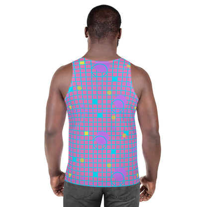 Harajuku geometric patterned unisex sports vest tank top in mauve, pink, blue and yellow, consisting of a grid background in mauve and pink and 80s Memphis design on these festival tank tops by BillingtonPix