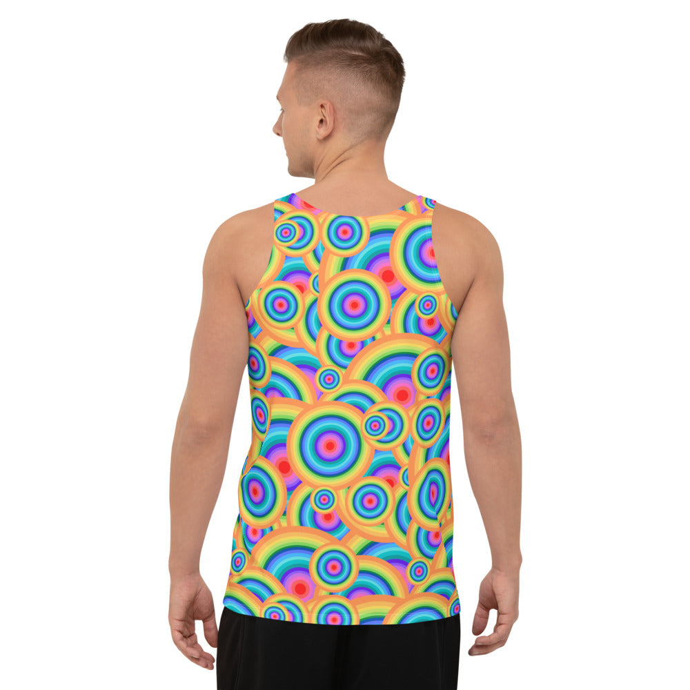 Mesmerizing pattern of colourful and overlapping concentric circles in pink, orange, yellow, turquoise and lilac on these spandex men's tank top or sports vest by BillingtonPix