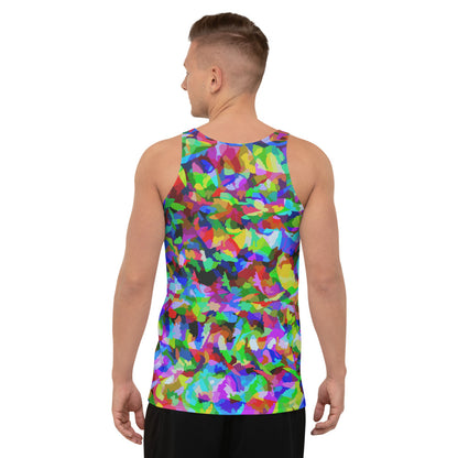 Rainbow coloured psychedelic trippy pattern in a 60s and LGBT vibe, this all-over pattern tank top sports vest by BillingtonPix contains tones of red, green, yellow, purple and blue.