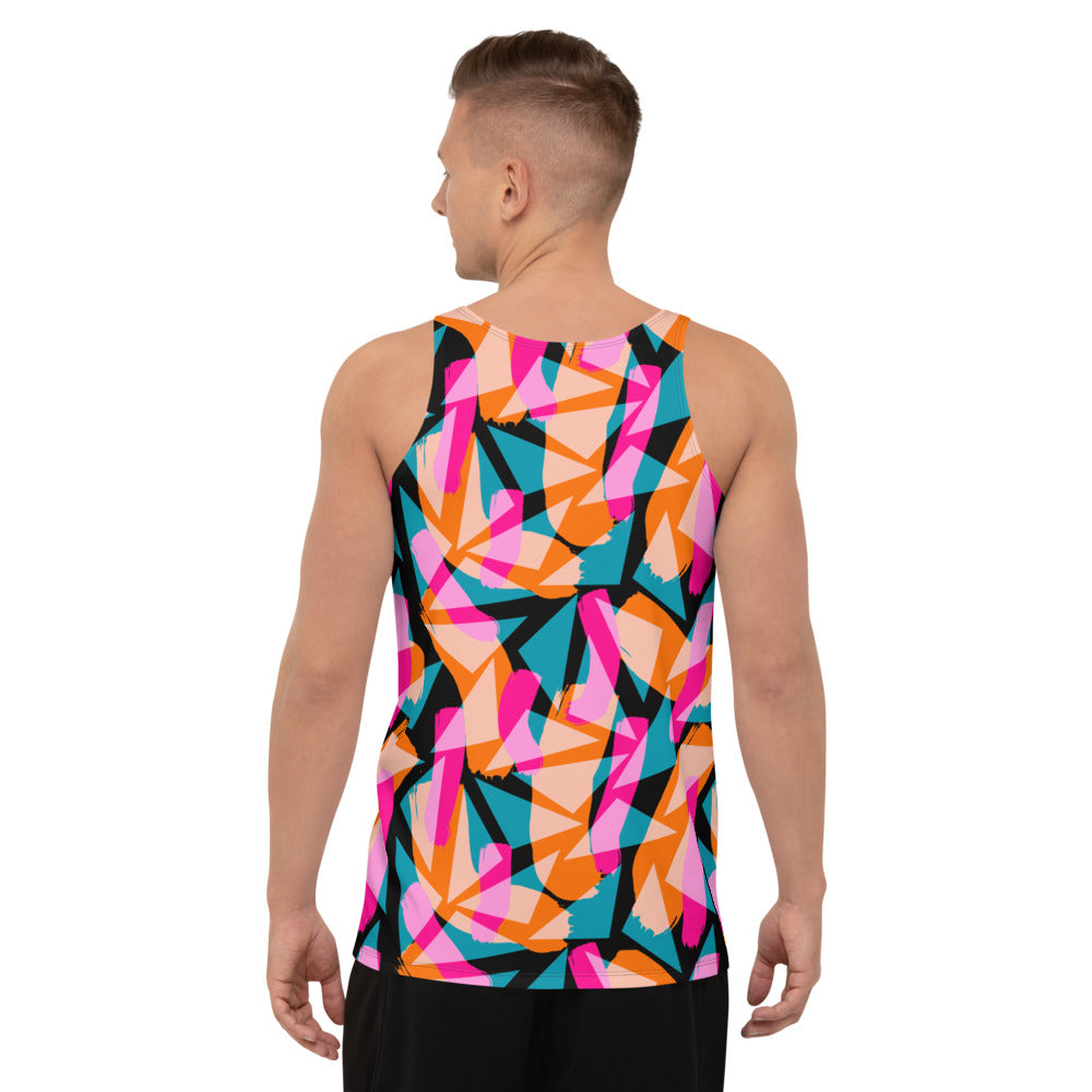 Geometric patterned 90s Memphis design men's gym tank top sports vest streetwear athleisure streetwear fashion in colorful tones of pink, turquoise green and orange against a black background on this Harajuku design tanktop by BillingtonPix