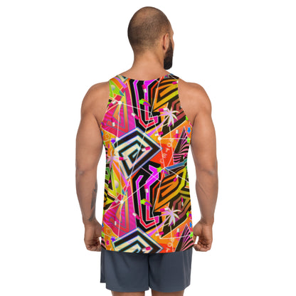 Vaporwave Menhera Men's Tank Top in orange and pink | Vibrant Retrowave Geometric Rave Outfit | Festival Clothing | Harajuku Yami Kawaii Neoncore Fashion | Macho Man cosplay outfit, clubbing outfit. Geometric shapes and neoncore patterns such as palms, neon signage and menhera kei pills