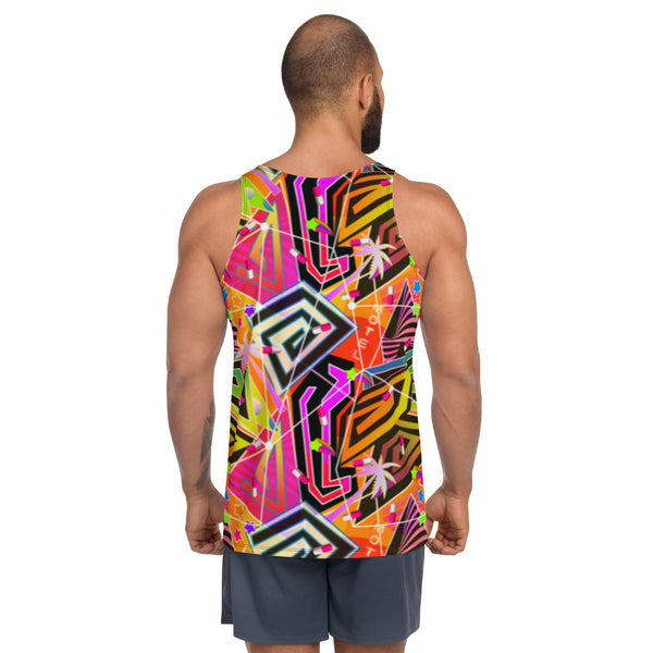 Vaporwave Menhera Men's Tank Top in orange and pink | Vibrant Retrowave Geometric Rave Outfit | Festival Clothing | Harajuku Yami Kawaii Neoncore Fashion | Macho Man cosplay outfit, clubbing outfit. Geometric shapes and neoncore patterns such as palms, neon signage and menhera kei pills