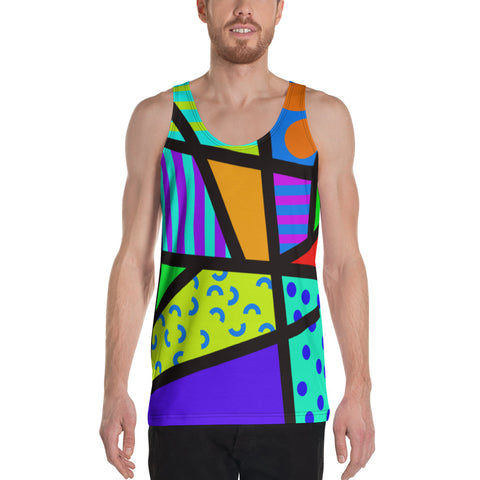 Vibrant retro 80s Memphis style tank tops with bold, bright patterns and colours by BillingtonPix