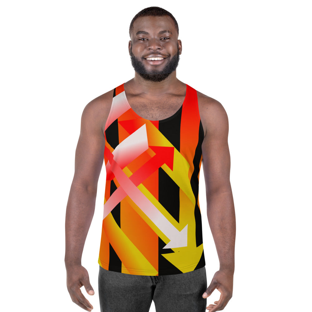 Retro 90s style geometric patterned tank top in tones of orange, red, black, yellow and white by BillingtonPix