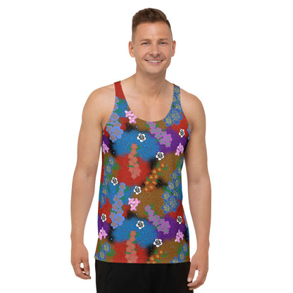 Colourful retro style floral aesthetic with a psychedelic kitsch vibe and grandmacore or cottagecore overtones on this vibrant tank top vest by BillingtonPix